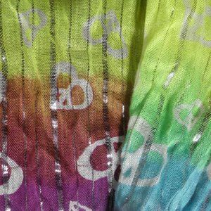 Lightweight Scarf, tie dye look with shiny silver stripes and fringed ends, EUC